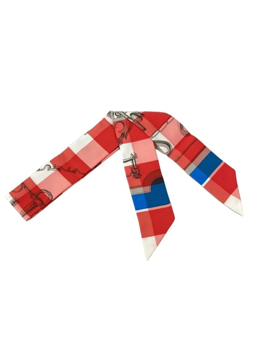Hermes Scarf Twill Red White Multi Ribbon Plaid Pattern